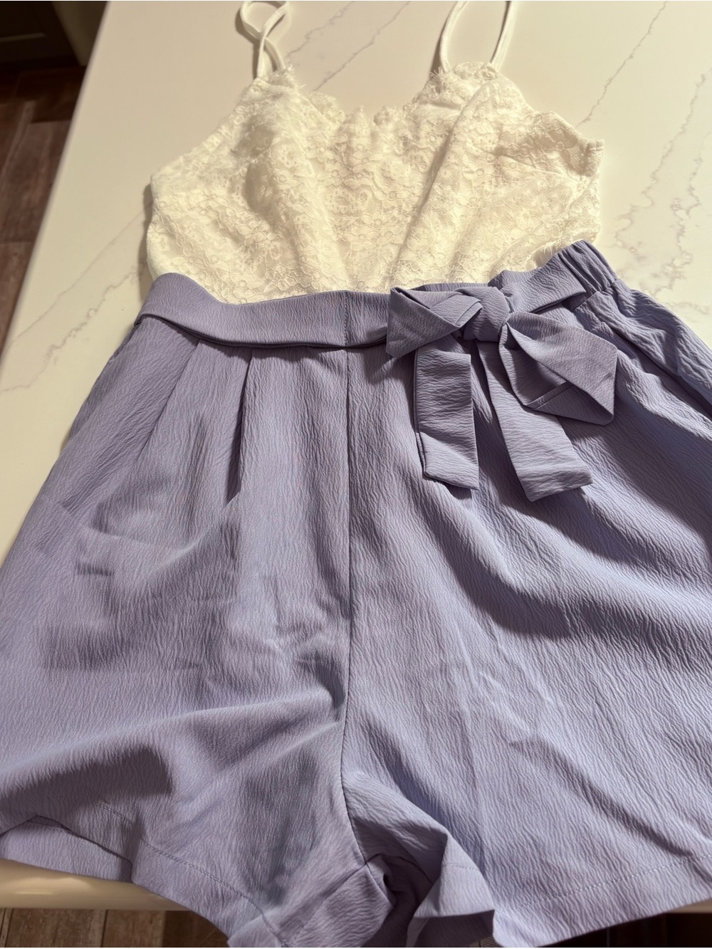 Cupshe White Lace & Lilac Paperbag Waist Romper
